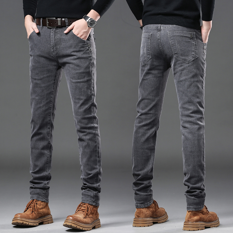Streetwear Brand Denim - ใหม่สีเทาบริสุทธิ์เกาหลี Slim กางเกงยีนส์ผู้ชายยืดอินเทรนด์ Jean กางเกงแบรนด์ Streetwear